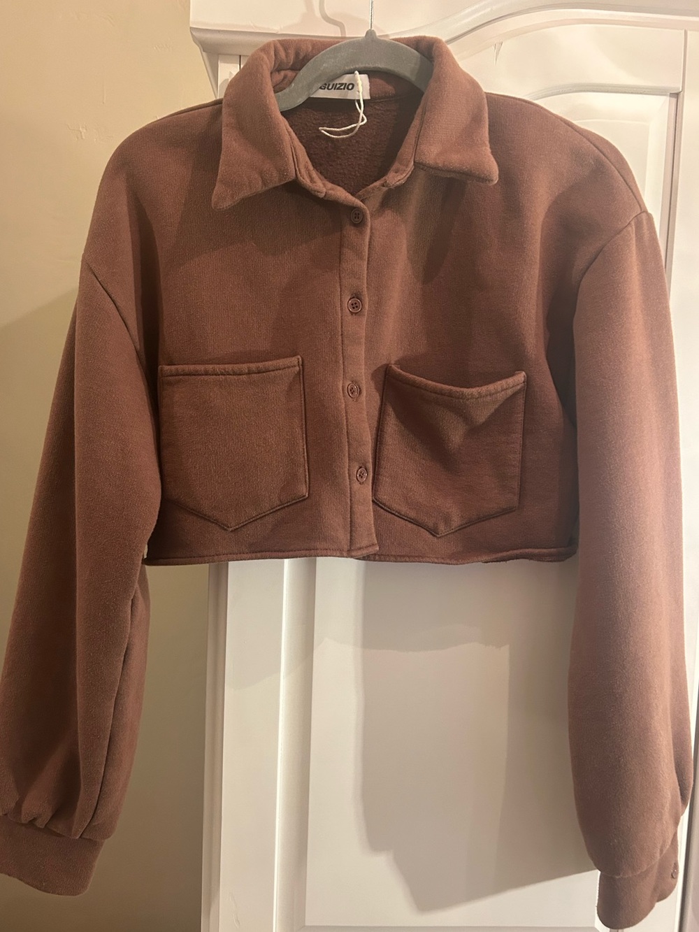 Danielle Guizio Fleece Button Up Top Cropped Jacket in Brown - Picture 1 of 1